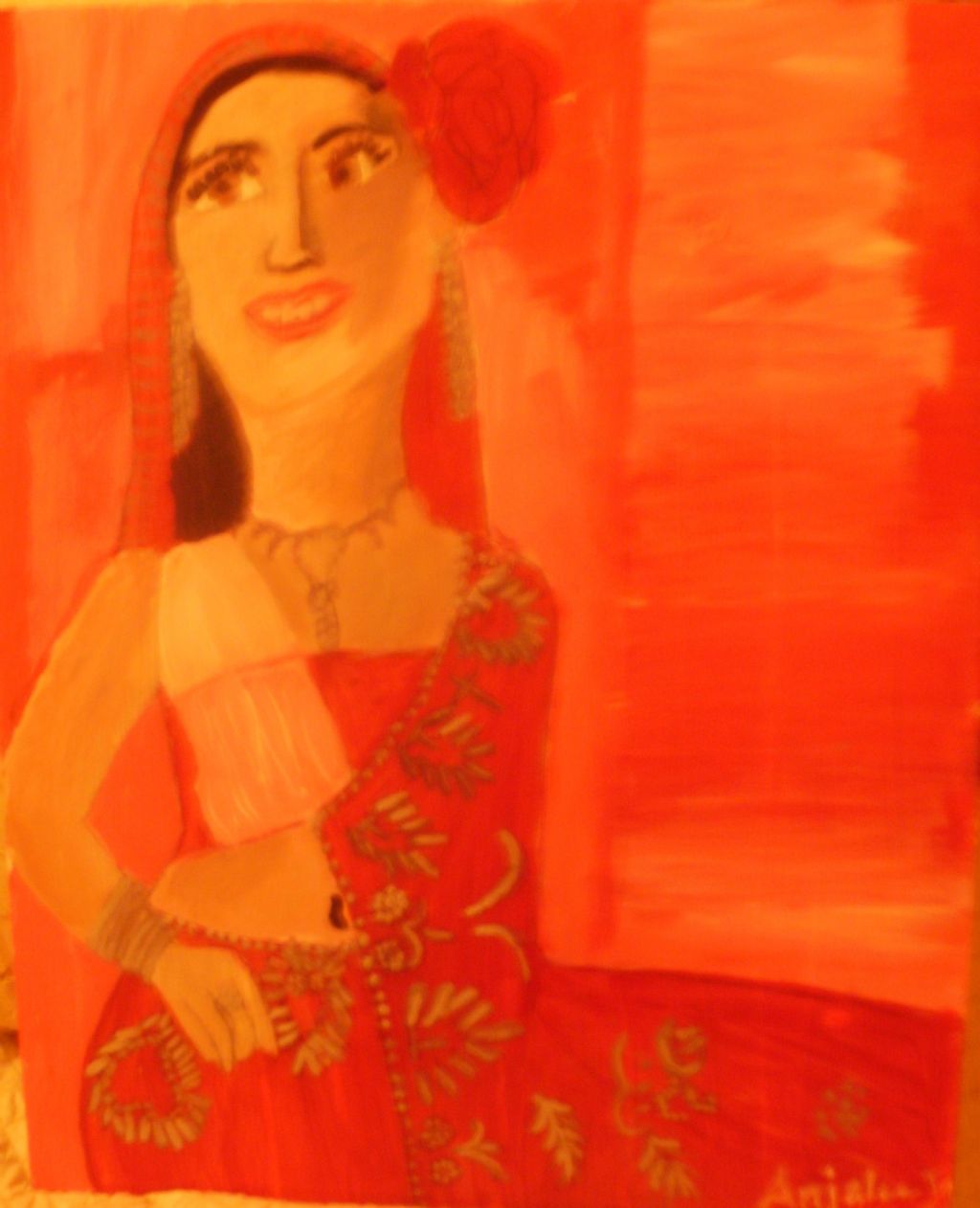 Acrylic Indian Girl in Red Sari